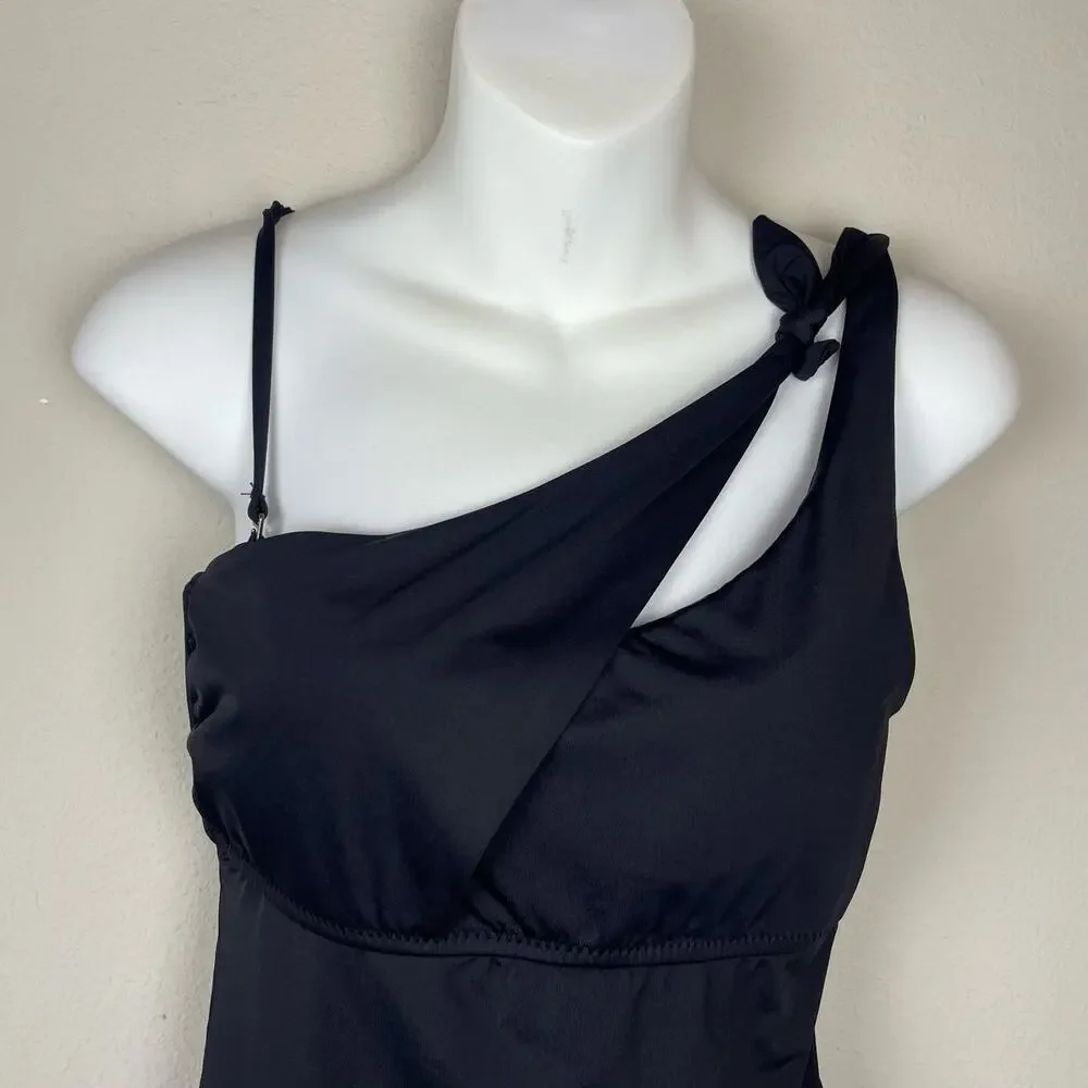 BECCA Black Asymmetrical Neckline One-Piece Swimsuit Sz M Open‎ Tie Back Beach